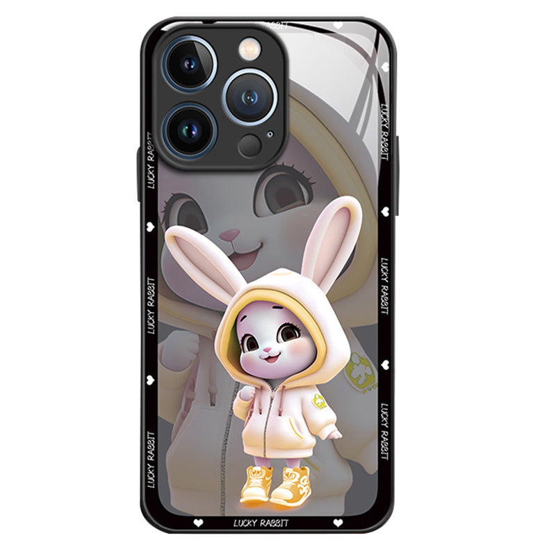 For iPhone 13 Pro Max 6.7 inch Cute Rabbit Pattern Printing Phone Case Hard Tempered Glass+TPU Shockproof Smartphone Cover - Purple For iPhone 13 Pro Max 6.7 inch Cute Rabbit Pattern Printing Phone Case Hard Tempered Glass+TPU Shockproof Smartphone Cover - Purple